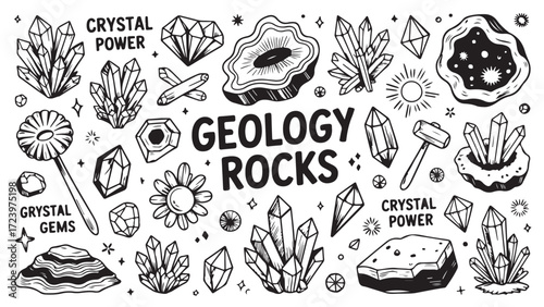 Hand-drawn illustration of various crystals gems and rocks representing geology nature and mineral power