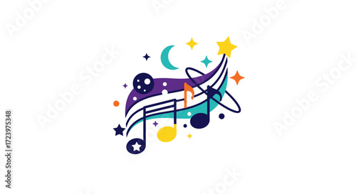 Colorful musical notes with stars and moon in a whimsical composition.