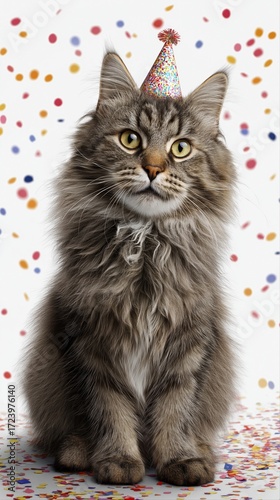 Fluffy cat with party hat and confetti celebrating in festive setting