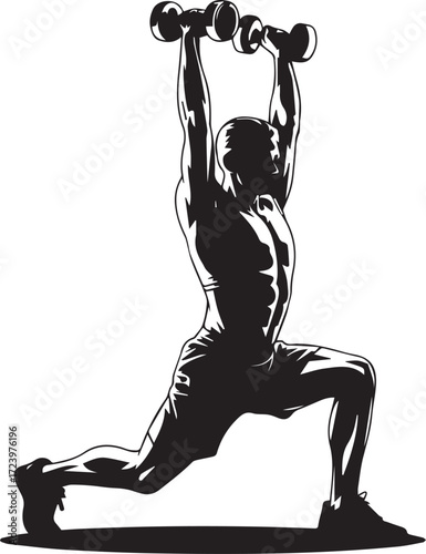 Dynamic fitness silhouette man performing dumbbell lunge exercise for strength training