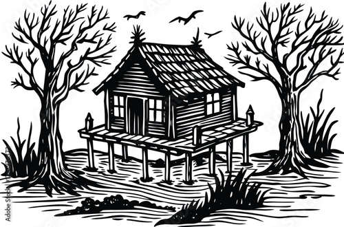 Rustic wooden cabin on stilts with a crow on the roof