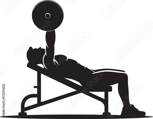 Fitness athlete silhouette performing bench press exercise on weight bench silhouette