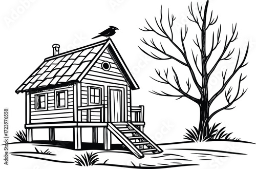 silhouette of Rustic wooden cabin on stilts with a crow on the roof