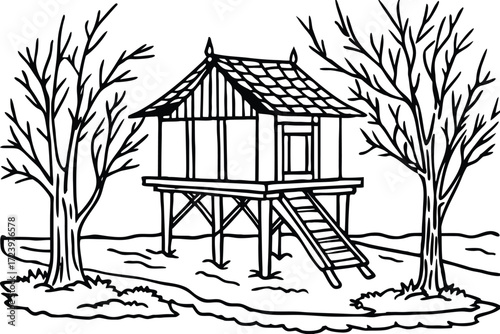 Silhouette of Rustic wooden cabin 