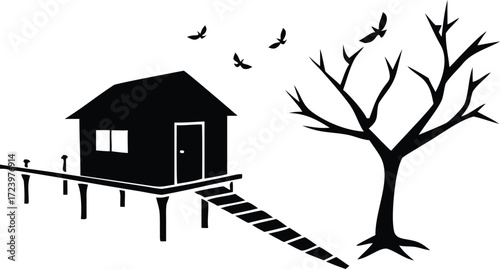 Rustic wooden cabin silhouette