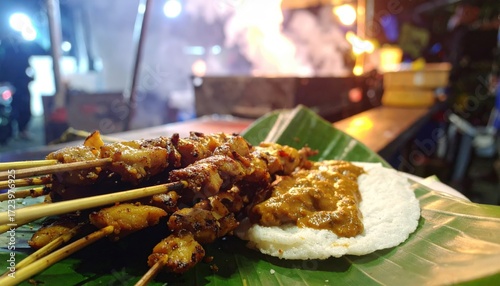 Night Market Delights: Sizzling Chicken Satay with Peanut Sauce on Banana Leaf