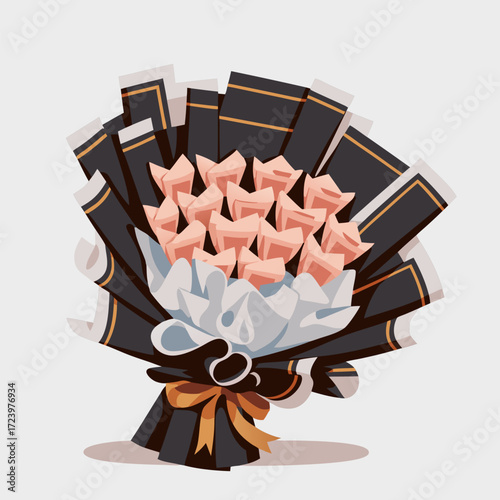 Origami Star Bouquet In Black And Brown Wrap With White Tulle And Satin Ribbon Elegant Handmade Gift With Soft Peach Paper Stars