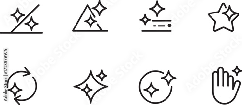 Minimalist sparkle icons set for cleanliness, freshness, enhancement, UI design, branding, and digital aesthetics.