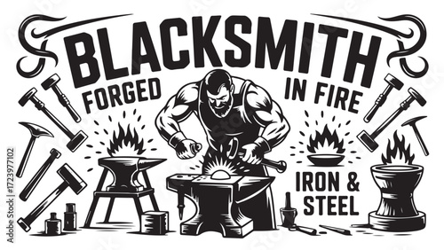 A muscular blacksmith forging iron on an anvil in his workshop representing craftsmanship strength and tradition