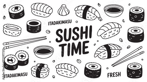 Hand-drawn sushi illustrations including nigiri maki and other Japanese food perfect for restaurant menus social media or food blogs representing freshness and deliciousness