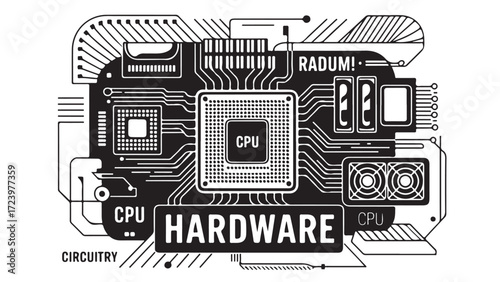Abstract illustration of a computer motherboards hardware showcasing its complex circuitry and CPU representing technological advancement and innovation