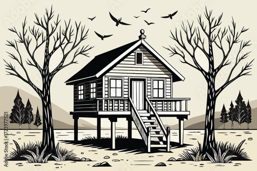Rustic wooden cabin on stilts with a crow on the roof