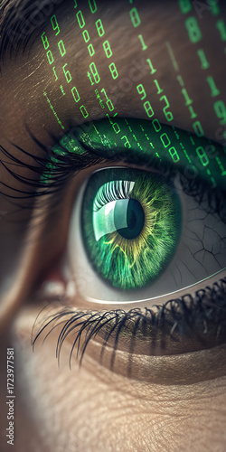Closeup of a green eye with digital numbers projected across the skin