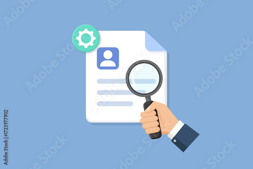 vector Illustration of a profile document being examined with a magnifying glass, a user icon, and a gear symbol, conveying identity verification, data review, and recruitment.