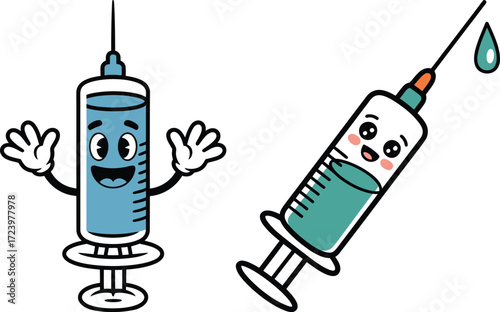 Cute Cartoon Syringe Characters Medical Injection Illustration
