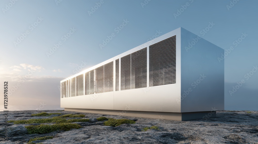 Fototapeta premium Modern minimalist house design on rocky coastal landscape at sunset