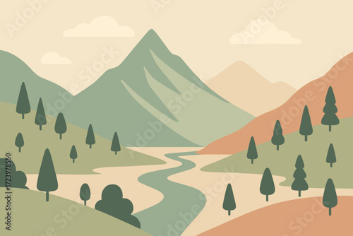 A stunning mountain view with rolling hills and a serene river, creating a peaceful, nature-inspired atmosphere. Ideal for outdoor, travel, and wellness themes.