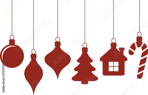 Festive collection of hanging Christmas ornaments and candy cane for holiday decoration