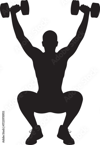 Fitness athlete silhouette performing dumbbell squats for strength training and bodybuilding