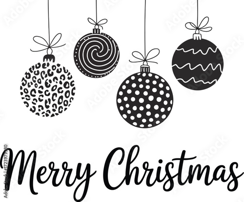 Whimsical Christmas ornaments with festive patterns hang above a 'Merry Christmas' greeting.