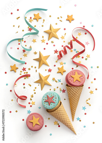 Colorful macarons in cones with star decorations and confetti on a white background