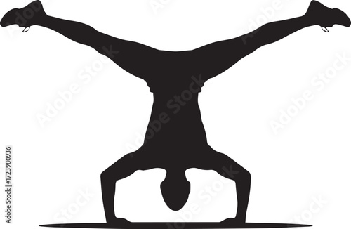 Fit athlete silhouette performing advanced handstand exercise on mat for strength training