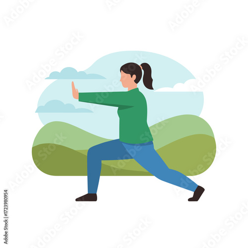 In a tranquil garden, a woman practices tai chi for health and relaxation