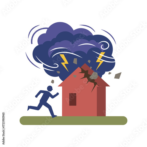 An outdoor composition depicting natural disasters, featuring a living house amid stormy flat images of sky and environment