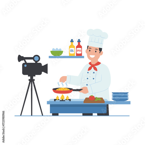 Illustration of a female blogger filming video content for a food blogger on a white background
