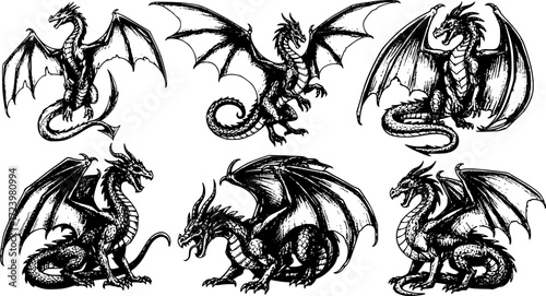Sketched set of dragon silhouettes isolated
