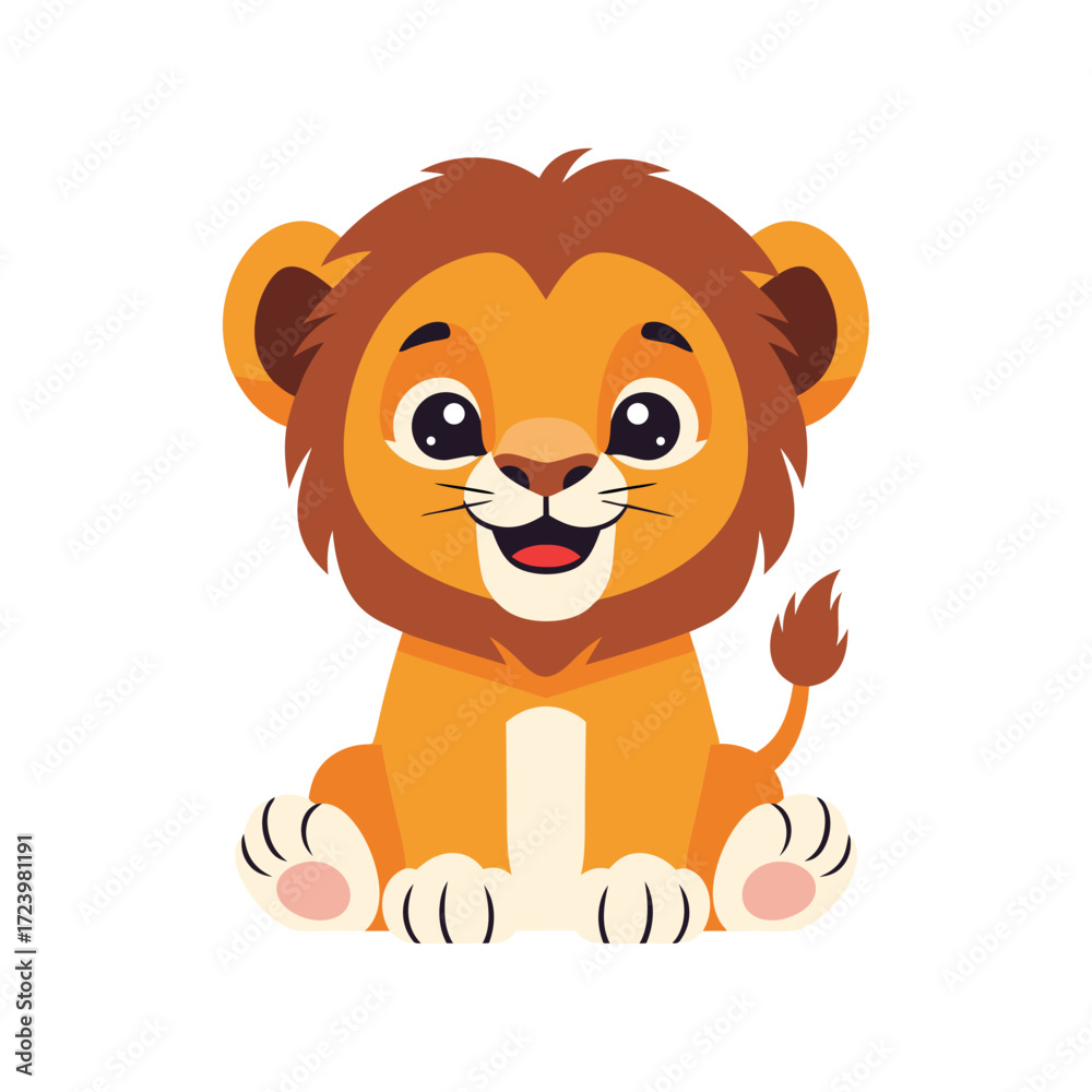 Fototapeta premium Smiling Baby Lion Standing Front View With Round Mane And Bright Eyes