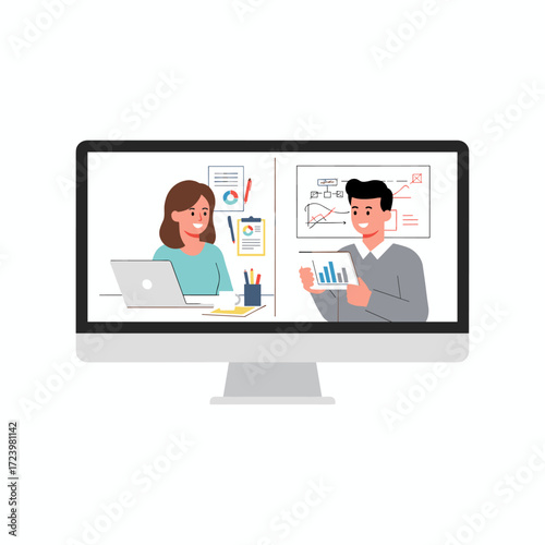 Concept of an employee participating in an online meeting, depicted as a flat illustration set against a white background