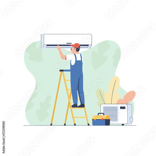 Illustrate the concept of installing an air conditioner service in vector form