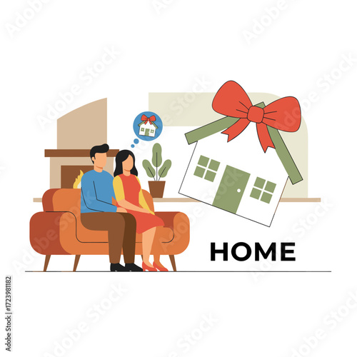 A couple sits on the sofa, contemplating a new house