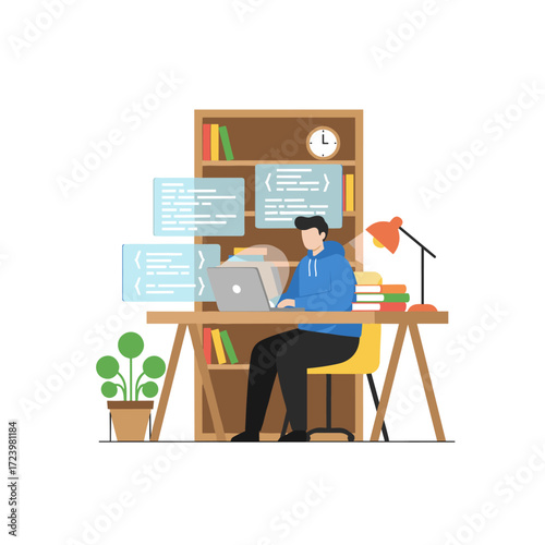 A full-stack developer concept featuring a character, suitable for web banners, infographics, and hero images, presented as a flat vector illustration on a white background