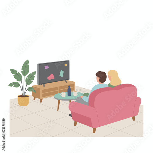 A vector illustration of a young man watching TV and a woman using a tablet while sitting on a sofa at home