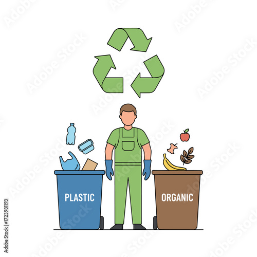 Illustration concept of a man sorting garbage on a white background