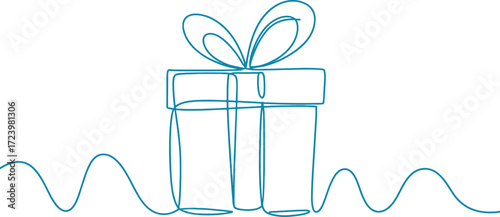Elegant continuous line drawing of a gift box with a bow on a wavy background