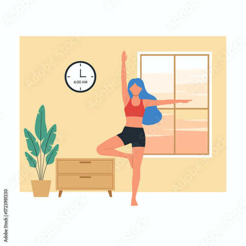 A yoga-themed illustration featuring a character, suitable for web banners, mobile apps, and hero images, rendered as a flat vector on a white background