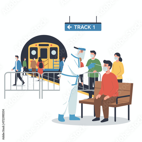 A person wearing a hazmat suit measures temperature at a subway station, illustrated as a vector concept
