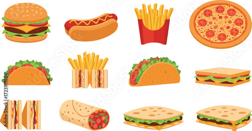 Vector Fast Food Clipart Featuring Pizza, Burgers, Tacos, Sandwiches, Wraps, Fries, Hot Dogs, Burritos, and Panini – Colorful Icons
