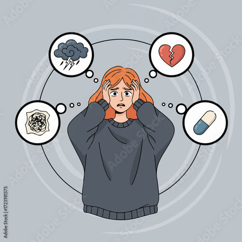 Distressed young woman orange hair hands temples vector art