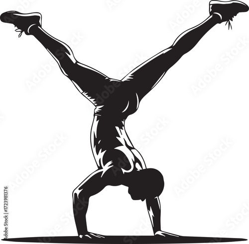 Muscular fitness athlete performing a challenging handstand split with powerful body control