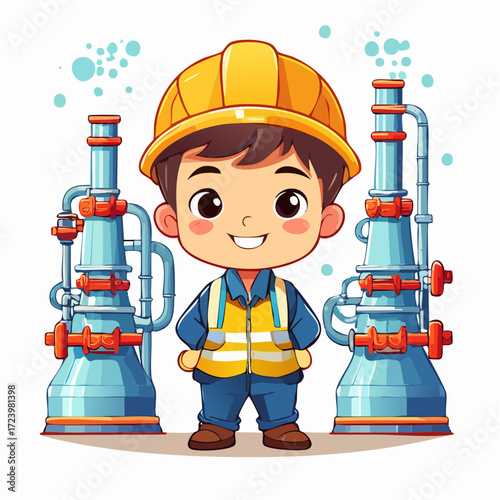 boy in a helmet with a shovel, cute boy chemical processing