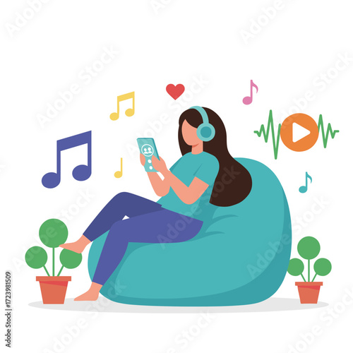 A woman listens to a podcast while seated on a beanbag