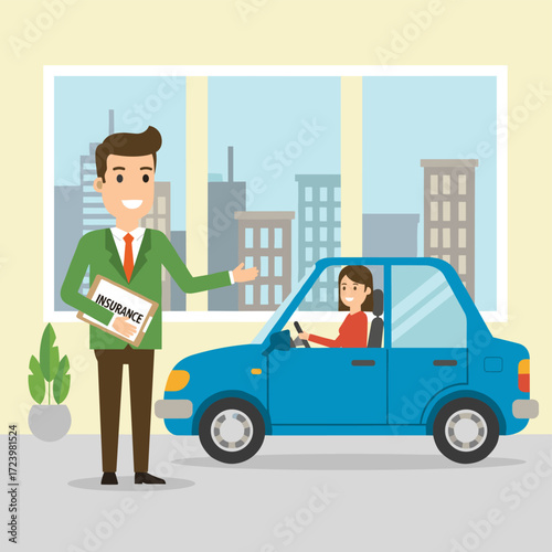 A beautiful young woman in a red car is speaking with a car insurance salesman