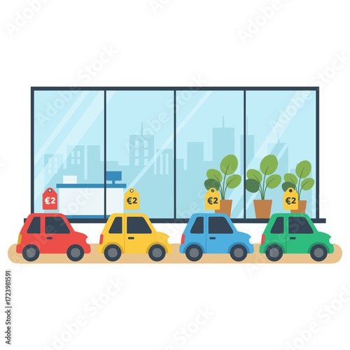 Concept of an interior vector illustration for a car dealership center showroom