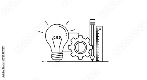 Conceptual outline design featuring lightbulb gear pencil and ruler represents creative idea