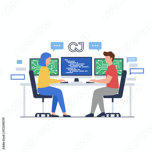 A man and a woman are collaborating on programming, illustrated in vector style