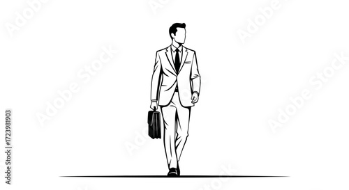 Elegant businessman in suit and tie holding briefcase walking forward confident and stylish